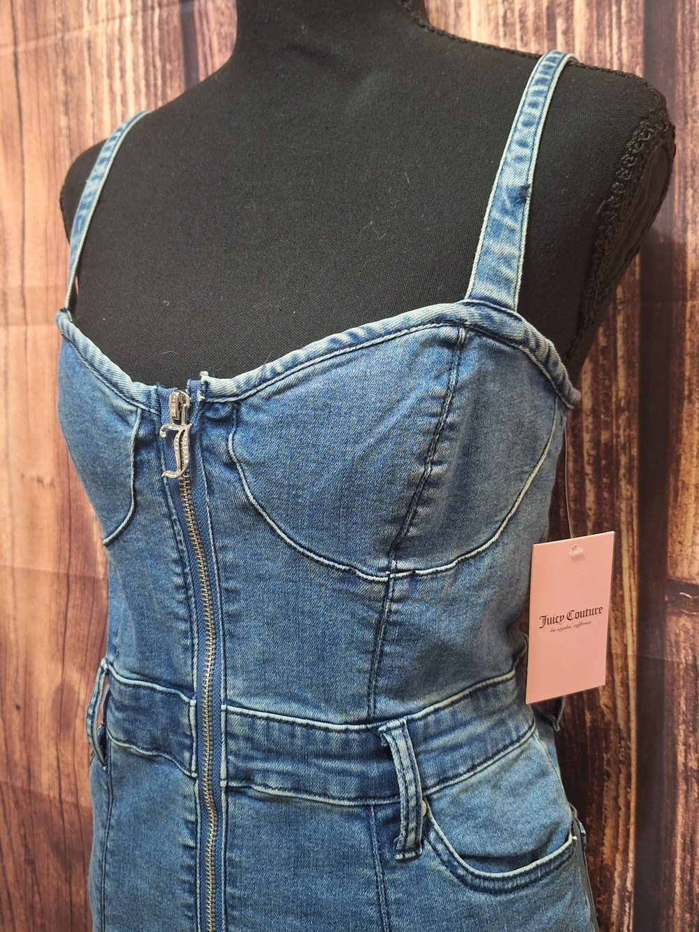 Juicy Couture Sweetheart Neckline Denim Zip Up Dress Size Medium NWT - Picture 3 of 8